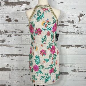 BOSTON PROPER Mock Neck Multicolored Beaded & Embroidered Sheath Dress Sz 8 NWT